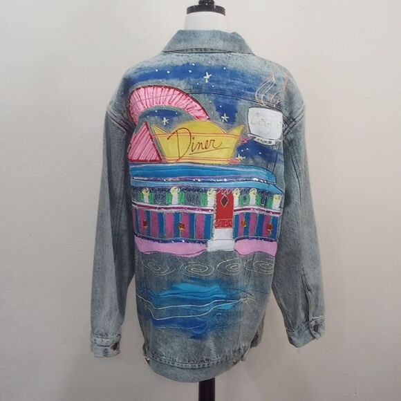 Vintage 80's Sportdeco Diner Acid Wash Hand Painted Embellished Denim Jacket - M - Picture 7 of 13